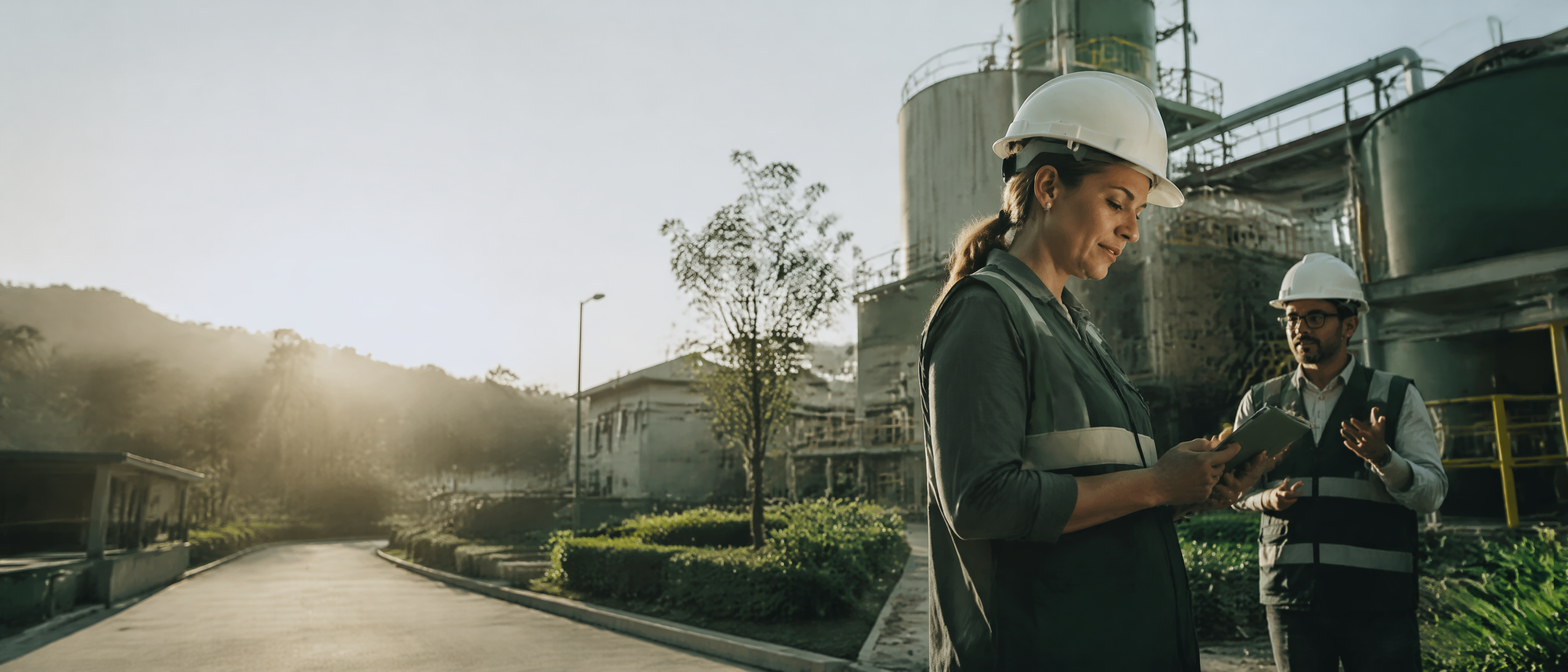 Profissional realizando visita técnica ambiental em uma instalação empresarial